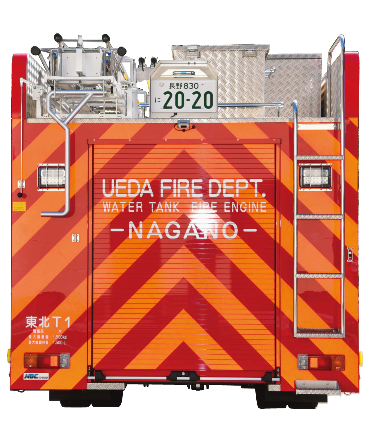 上信越道での救助活動を考慮して、後面には反射材を使用したシェブロン・マーキングを採用。上田広域消防初採用の新機軸。
