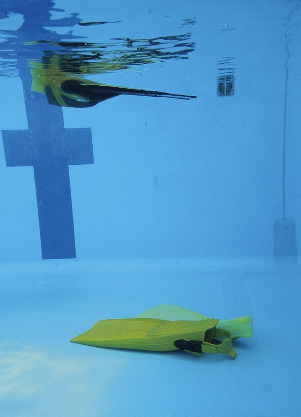 水に浮くフィンは水中で水面まで自然に浮く。浮かないフィンは水底に沈む。